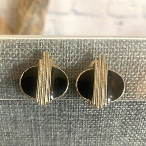 Vintage Gold Tone Black Enamel Clip On Earrings